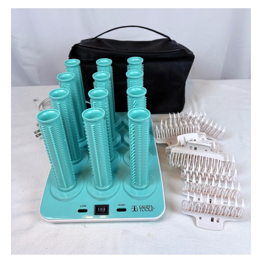 Calista Tools Ion Hot Rollers Long Hair Setter 12 Curlers + Clips Teal w/ Case